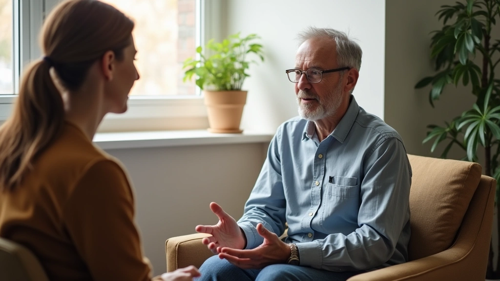 Patient in comfortable outpatient therapy room speaking with licensed counselor, supportive therapeutic environment, natural 
