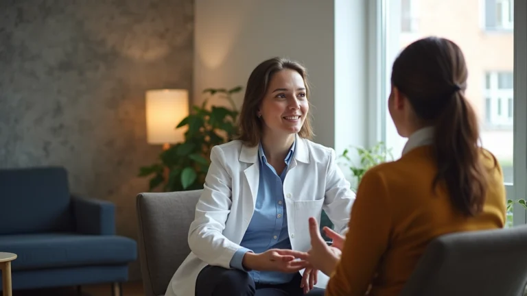 Professional mental health counselor in modern clinic office with patient in therapy session, warm lighting, comfortable setting, no text visible