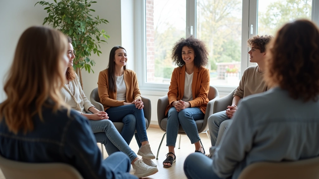 Diverse group in supportive mental health group therapy session, sitting in circle, calm clinical setting, compassionate atmo