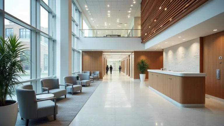 Modern outpatient medical facility interior with comfortable waiting areas, contemporary architecture, and clean clinical spaces. Professional healthcare environment with natural lighting and welcoming design.
