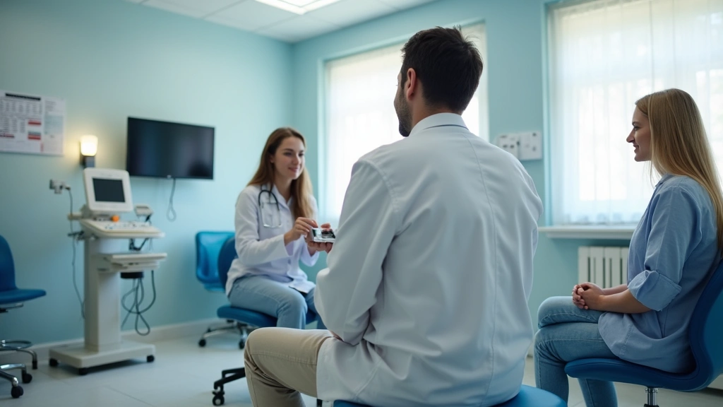Specialty clinic examination room with medical professional consulting patient, advanced medical equipment visible, comfortab
