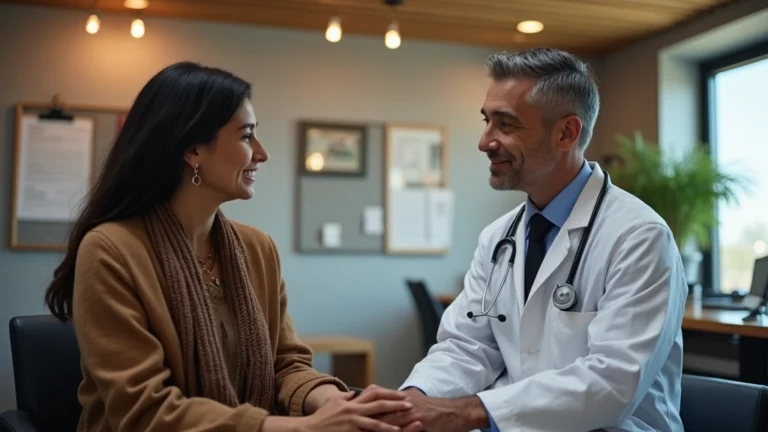 Native American female patient consulting with male physician in modern tribal health clinic, professional medical setting with warm lighting