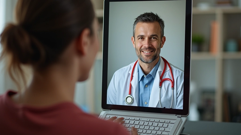 Telemedicine consultation setup in tribal health center, patient on video call with healthcare provider on secure medical pla