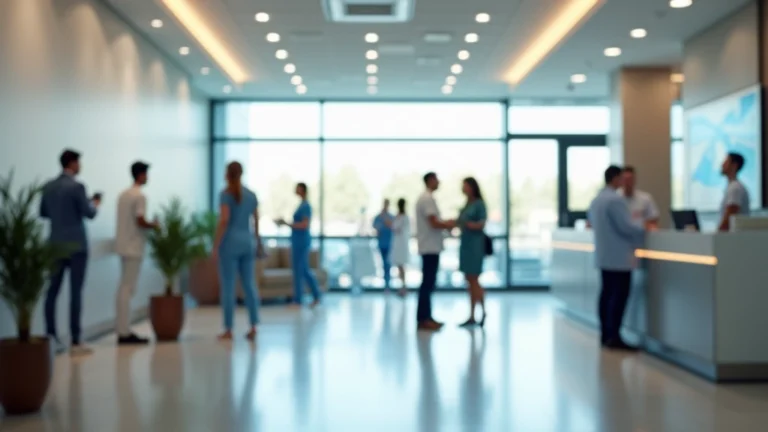 Professional medical facility reception area with diverse patients checking in, modern healthcare environment, natural lighting, welcoming atmosphere, no signage or text visible