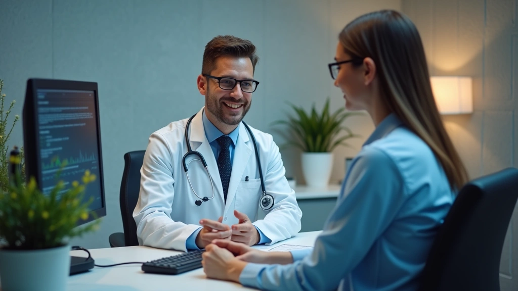 Healthcare provider in white coat consulting with patient in modern clinic examination room, digital health records visible o