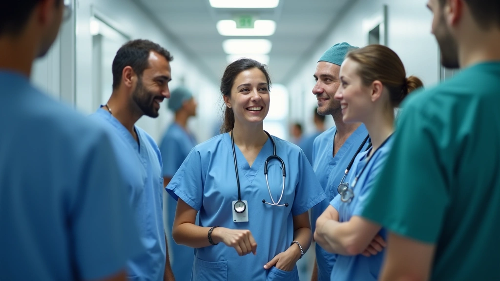 Diverse medical team collaborating in hospital hallway, nurses and doctors in scrubs, modern healthcare facility interior, pr