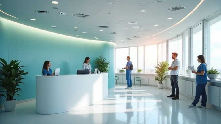 Professional healthcare clinic interior with modern medical equipment and welcoming reception area, natural lighting, diverse staff at desk
