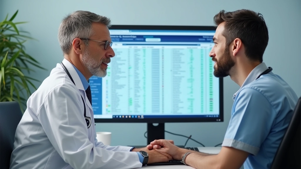 Doctor conducting patient consultation in clean medical exam room with digital health records on computer screen
