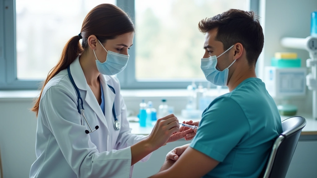 Nurse administering vaccination to patient in bright clinical setting with medical supplies visible