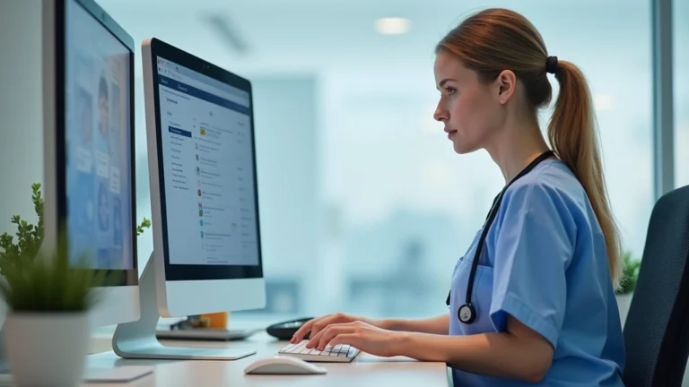 Professional healthcare provider using computer at desk in modern medical clinic office setting, patient portal interface visible on screen, clinical environment