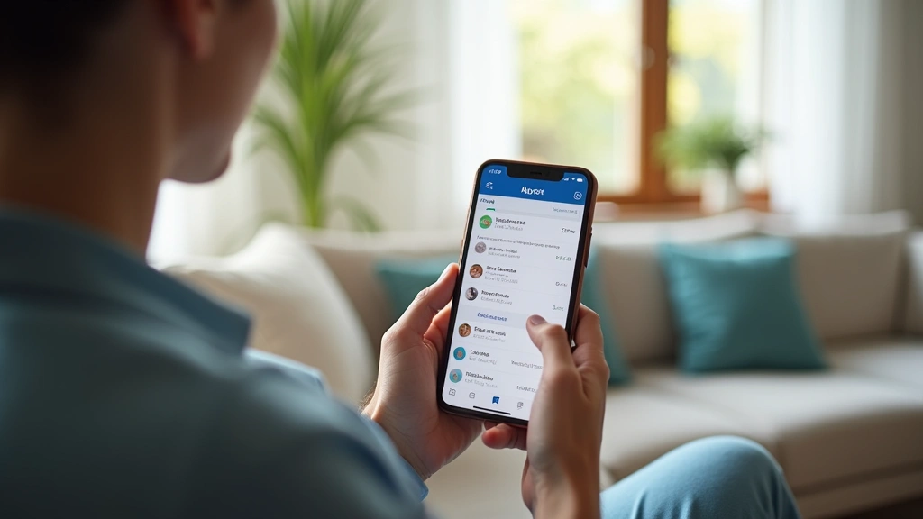 Patient holding smartphone in home environment reviewing medical test results on MyChart mobile app, bright natural lighting,
