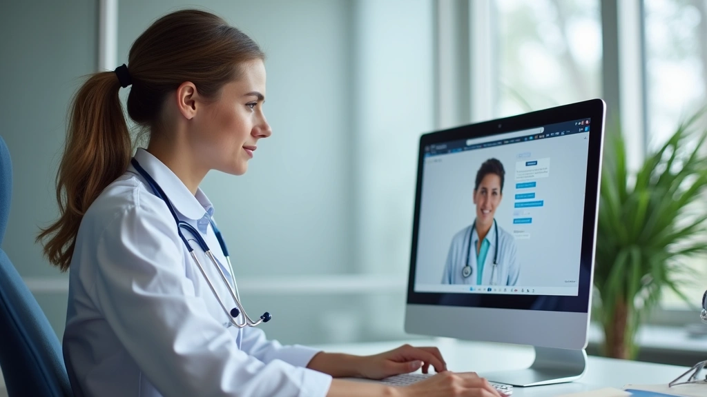 Female healthcare provider at desk in medical office using secure messaging system on computer to communicate with patient, p