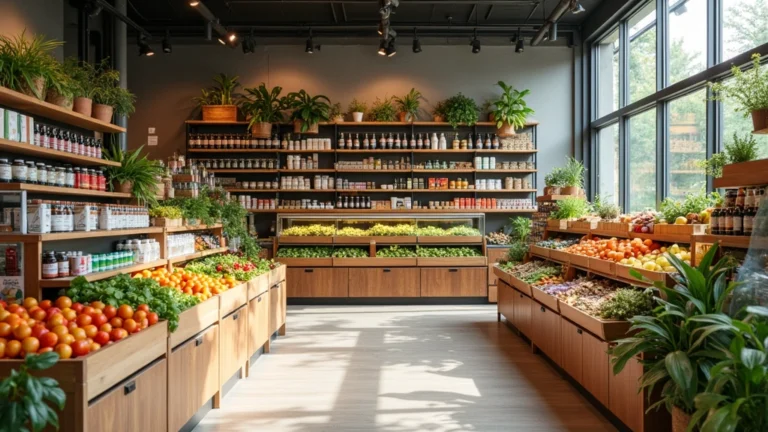 Professional health food store interior with organized shelves of organic produce, supplements, and natural wellness products, bright natural lighting, clean modern retail environment
