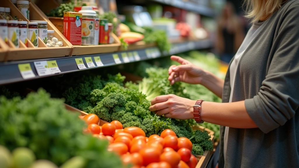 Close-up of customer selecting organic vegetables and natural supplements from well-stocked health food store shelves, profes