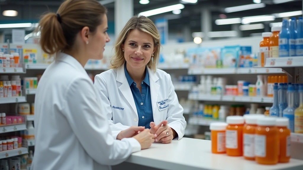Professional pharmacist consulting with patient at modern Kroger pharmacy counter, prescription bottles visible, bright retail healthcare setting