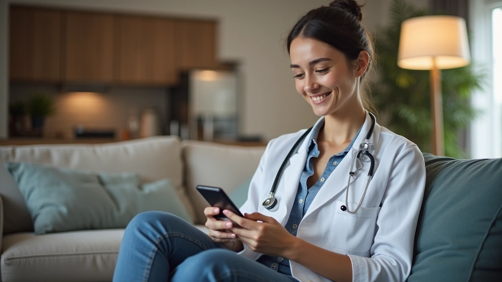 Woman using smartphone for virtual doctor visit in home, sitting comfortably, modern residential background, professional tel