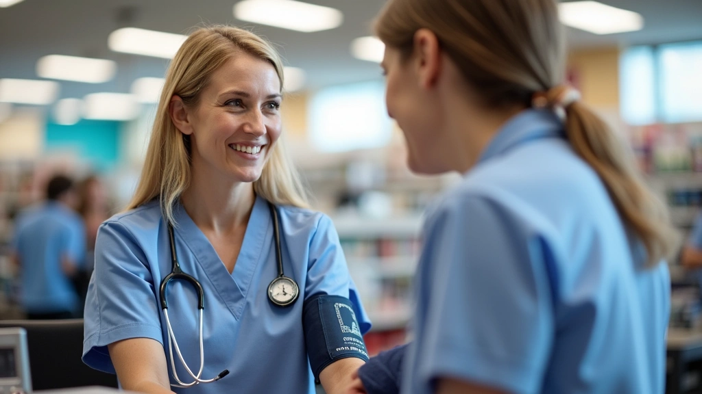 Nurse practitioner performing health screening in bright Kroger in-store clinic, blood pressure cuff visible, welcoming medic