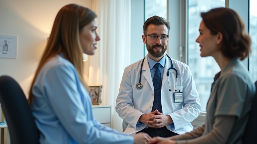 Medical professional in white coat consulting with patient in modern clinic exam room, stethoscope visible, warm lighting, patient seated comfortably
