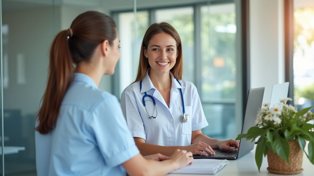 Healthcare receptionist at front desk helping patient with appointment scheduling, modern clinic interior, friendly professio