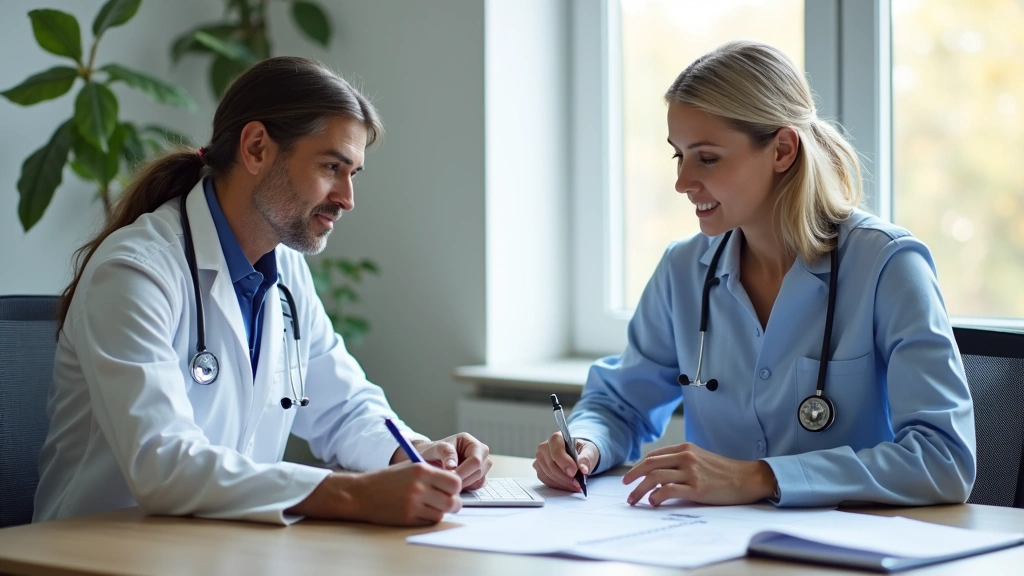 Doctor and patient reviewing health records together at desk in medical office, collaborative care discussion, natural daylig