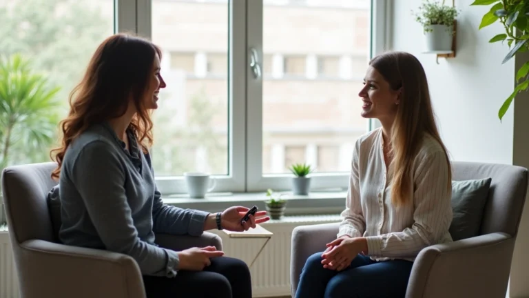 Professional therapist conducting a one-on-one counseling session with a patient in a modern, calming office with natural lighting and comfortable seating, showing supportive conversation