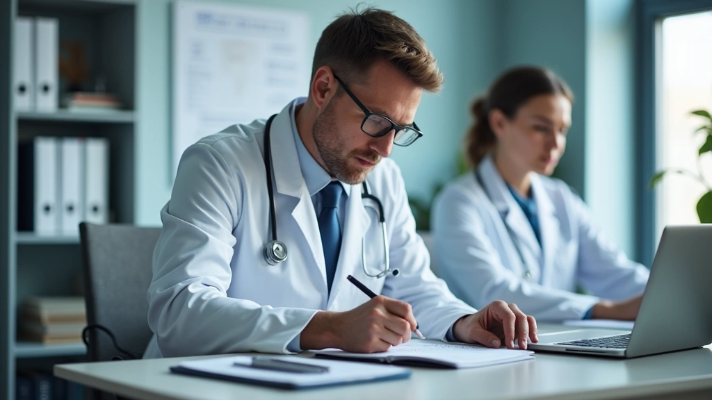 Mental health professional reviewing patient notes at a desk in a clinical setting, professional medical environment with mod