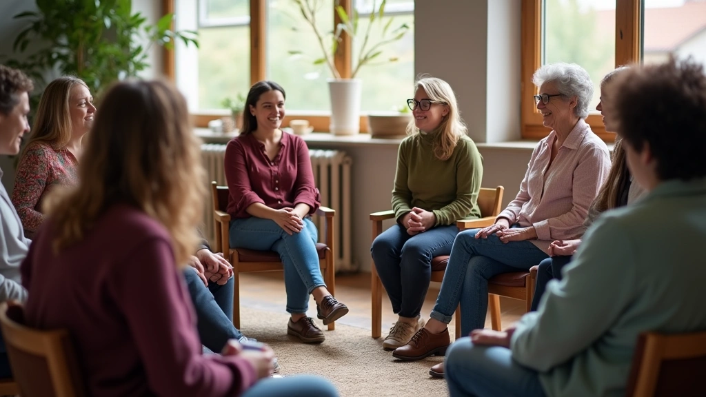 Diverse group of people in a supportive community mental health setting, sitting in a circle during a peer support group sess