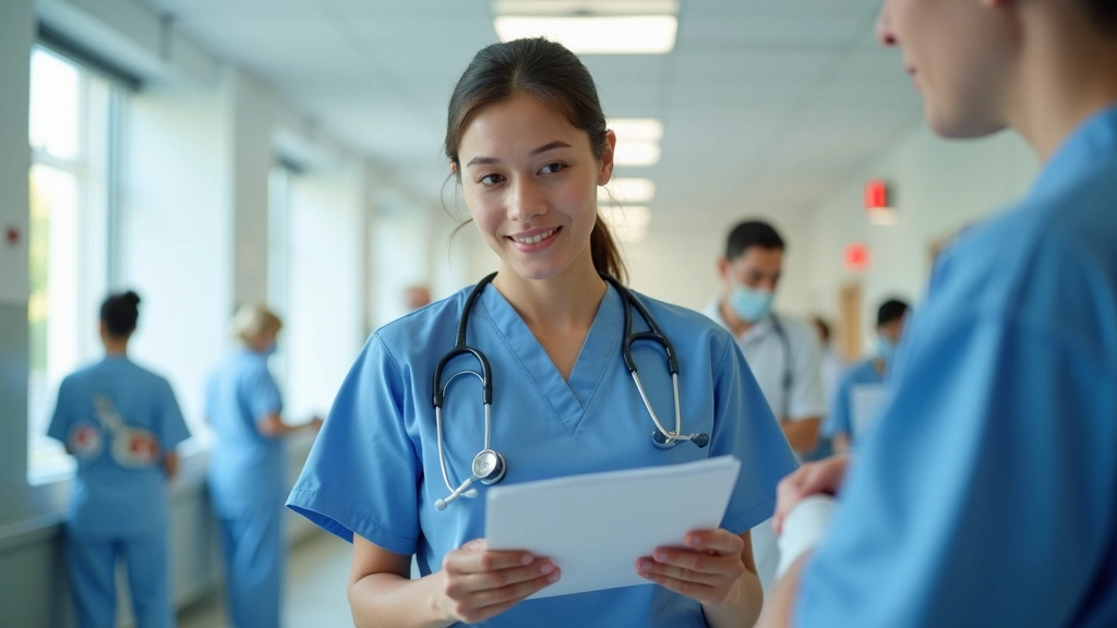 Professional healthcare worker in scrubs reviewing patient charts at nursing station in modern hospital, natural lighting, focused expression