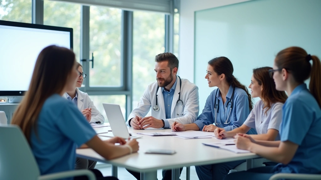 Diverse medical team having collaborative meeting in bright hospital conference room with modern furniture and healthcare tec