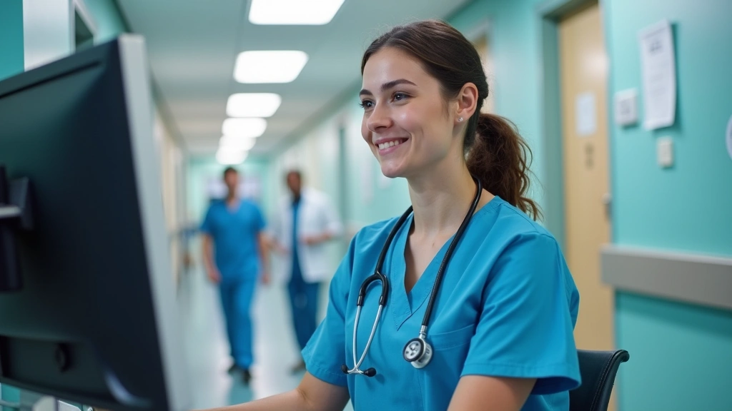 Nurse in clinical uniform working at computer terminal in hospital hallway with colleagues in background, professional health