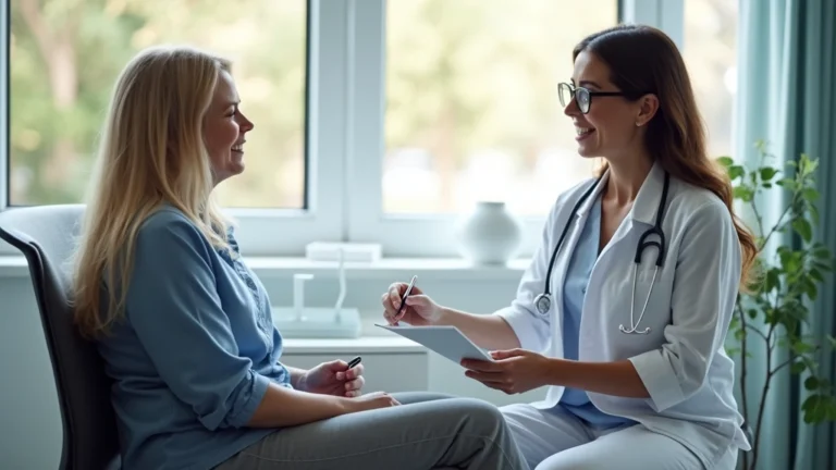 Professional psychiatric nurse conducting intake assessment with adult patient in modern hospital office setting, compassionate clinical environment, natural lighting