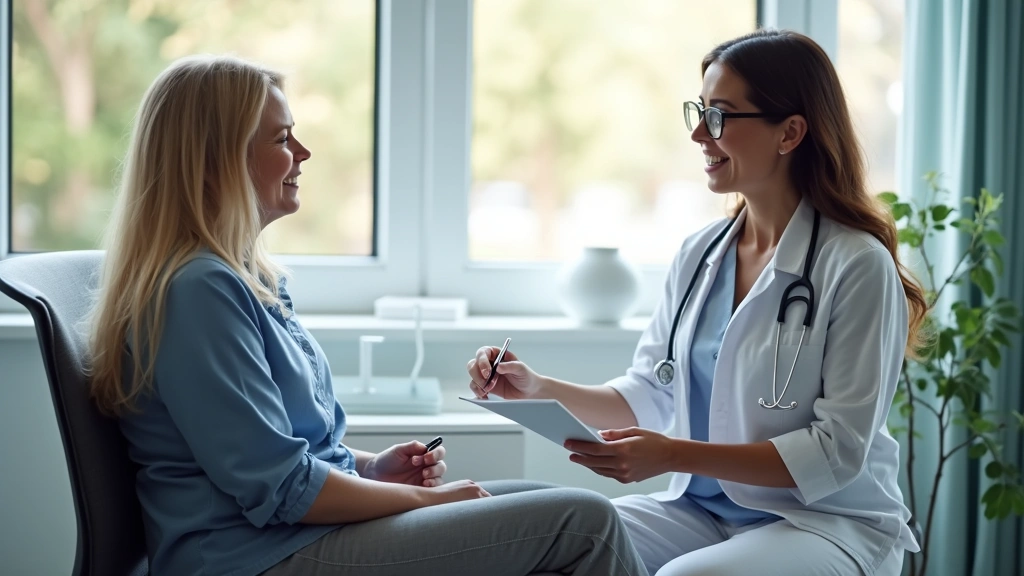 Professional psychiatric nurse conducting intake assessment with adult patient in modern hospital office setting, compassionate clinical environment, natural lighting