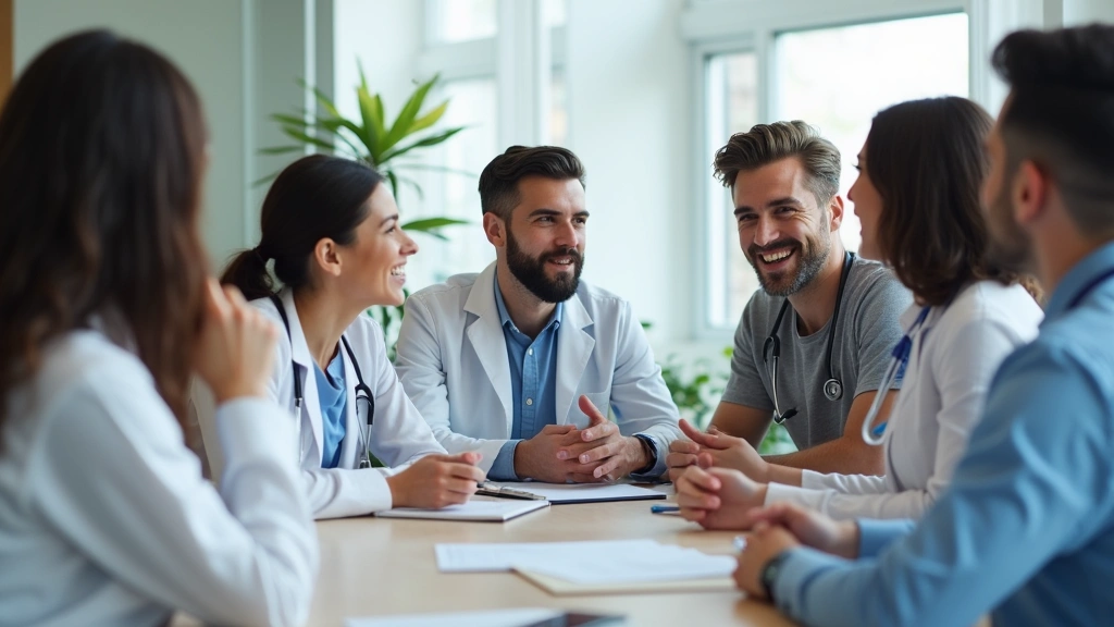 Diverse behavioral health treatment team collaborating in hospital conference room reviewing patient care plans and clinical 