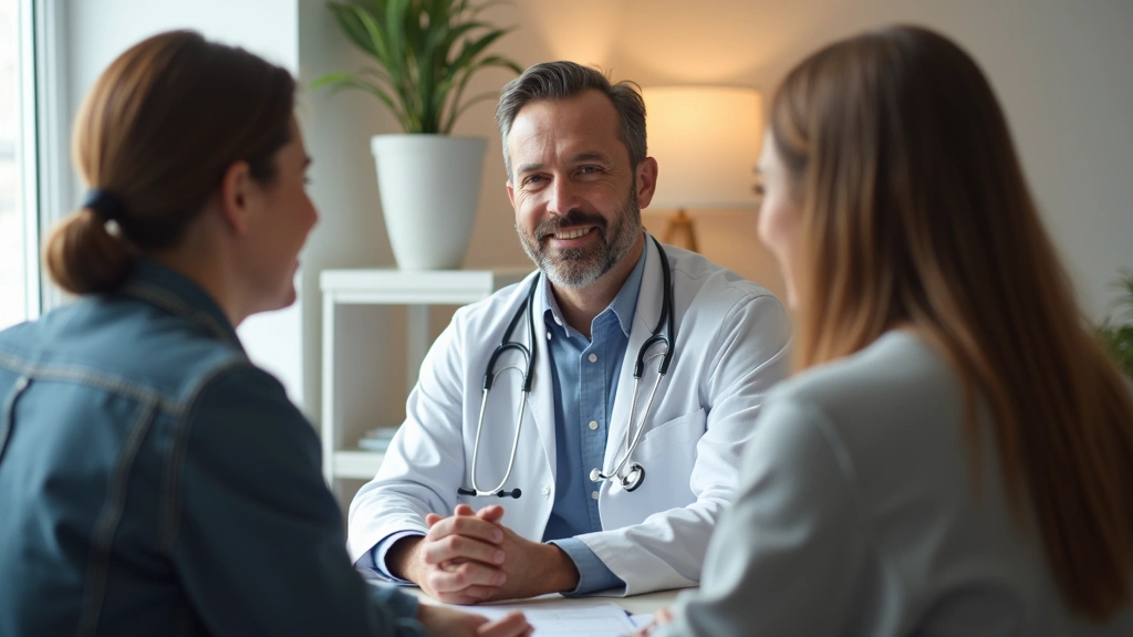 Professional family medicine doctor consulting with patient in modern medical office, warm lighting, stethoscope visible, diverse patient demographics