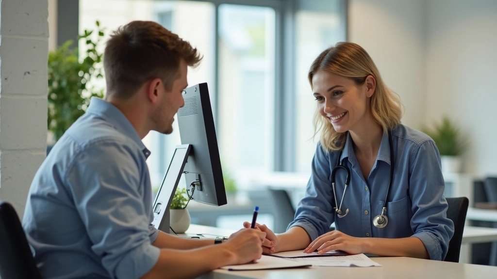 Receptionist at health center front desk scheduling appointment with patient, welcoming clinic environment, computers and pap