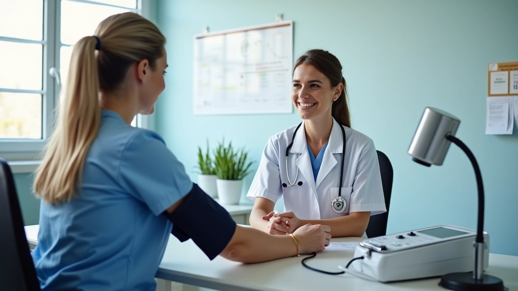 Nurse practitioner conducting health screening with patient, blood pressure cuff and medical equipment, clean clinical settin