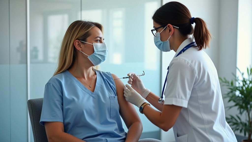 Professional nurse administering vaccine to adult patient in modern health clinic setting, clean medical environment, natural lighting, no text visible