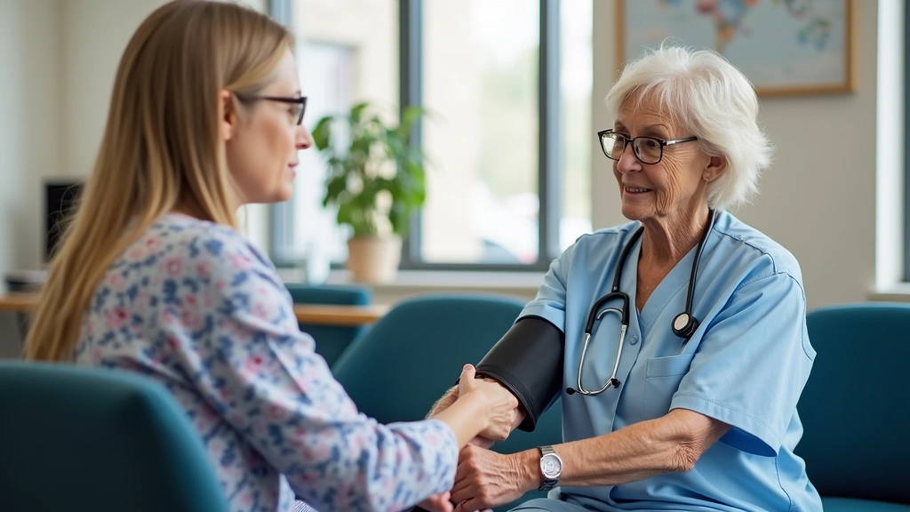 Healthcare worker conducting blood pressure screening on elderly patient in county health department waiting area, compassion
