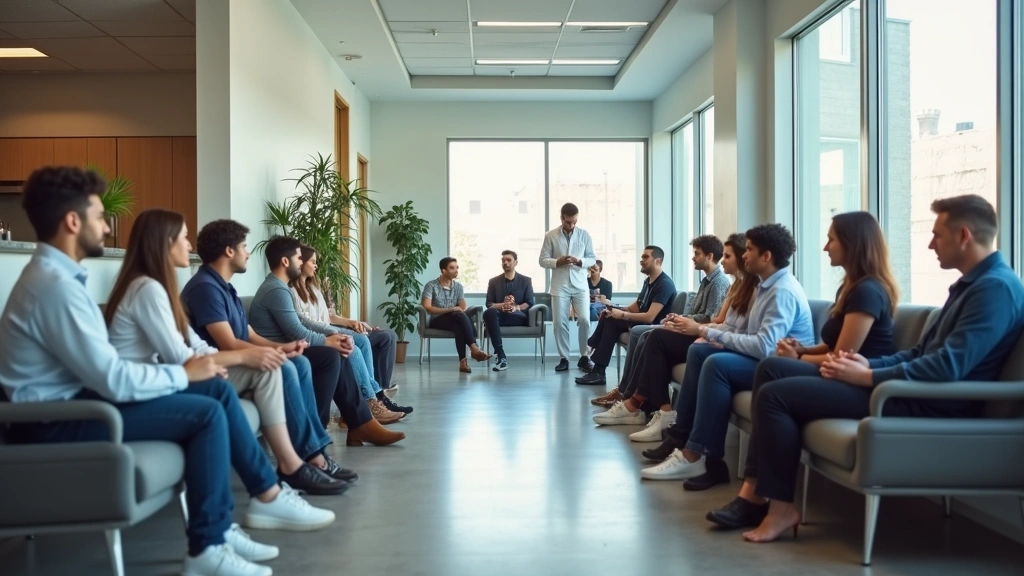 Diverse patients in modern medical clinic waiting room, Chicago urban healthcare center, welcoming professional environment, natural lighting