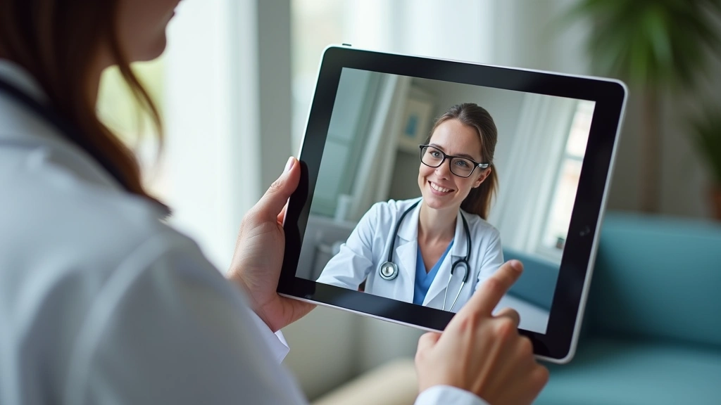 Healthcare provider conducting telehealth video consultation on tablet, patient at home, modern telemedicine setup, professio