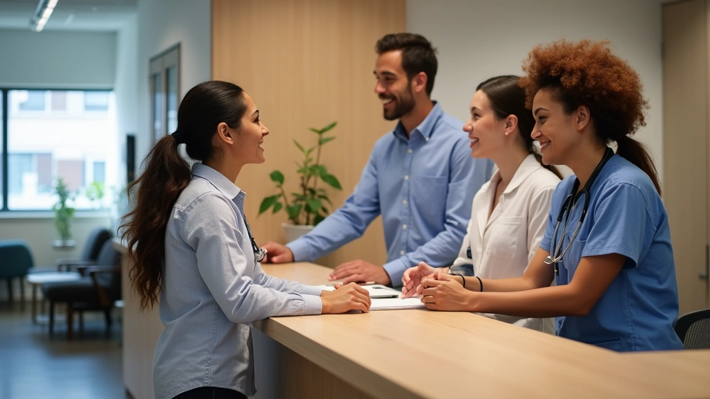 Community health center reception desk with staff assisting patient, inclusive diverse team, modern clinic interior, Chicago 