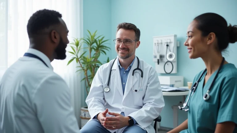 Medical professional in white coat consulting with diverse patient in modern clinic examination room with medical equipment visible