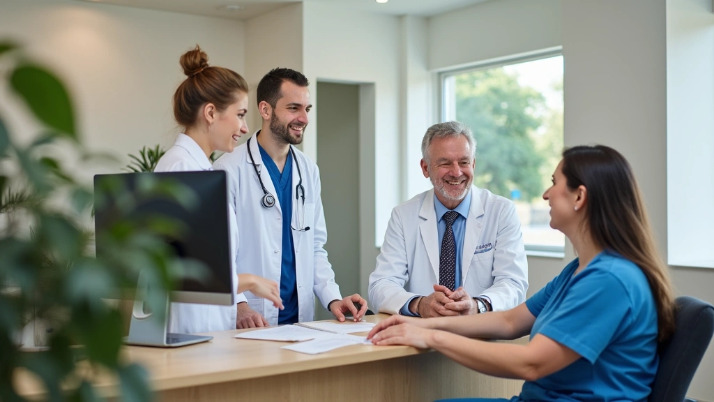 Healthcare staff at reception desk scheduling appointments on computer with patient sitting across from them in welcoming cli