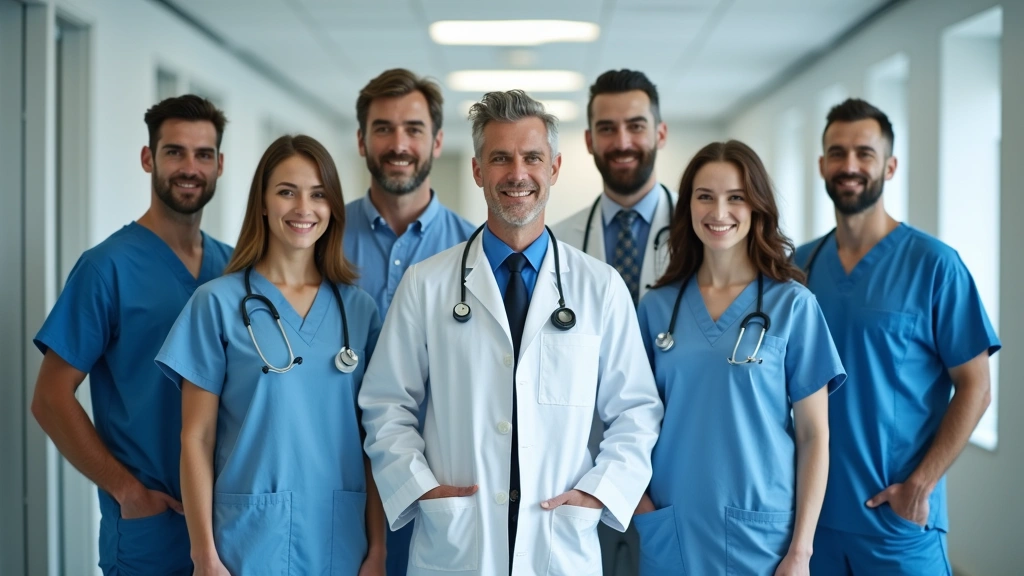 Diverse group of healthcare professionals including doctors, nurses, and staff standing together in modern medical clinic hal