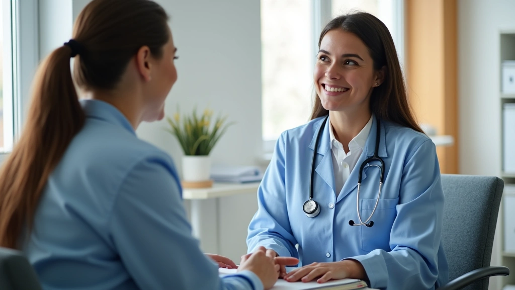 Professional healthcare provider in clinical setting with patient during primary care appointment, warm lighting, modern medical office environment