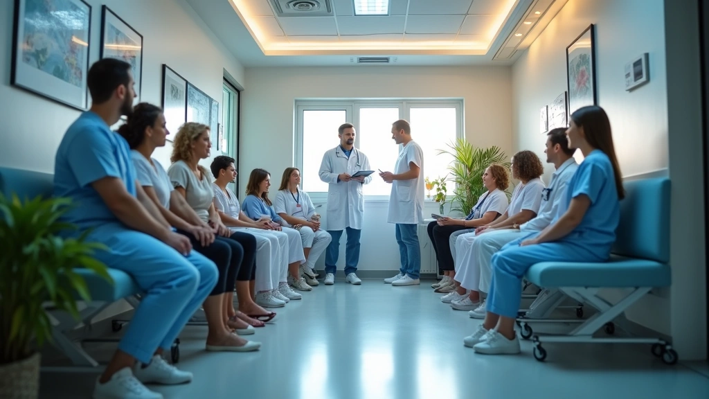 Professional medical clinic interior with diverse patients and healthcare providers in consultation room, warm lighting, modern equipment visible