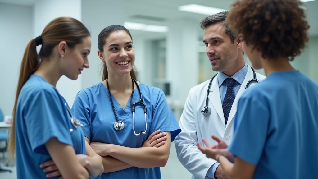 Diverse healthcare team in clinical setting discussing patient care, collaborative medical environment, modern clinic workspa