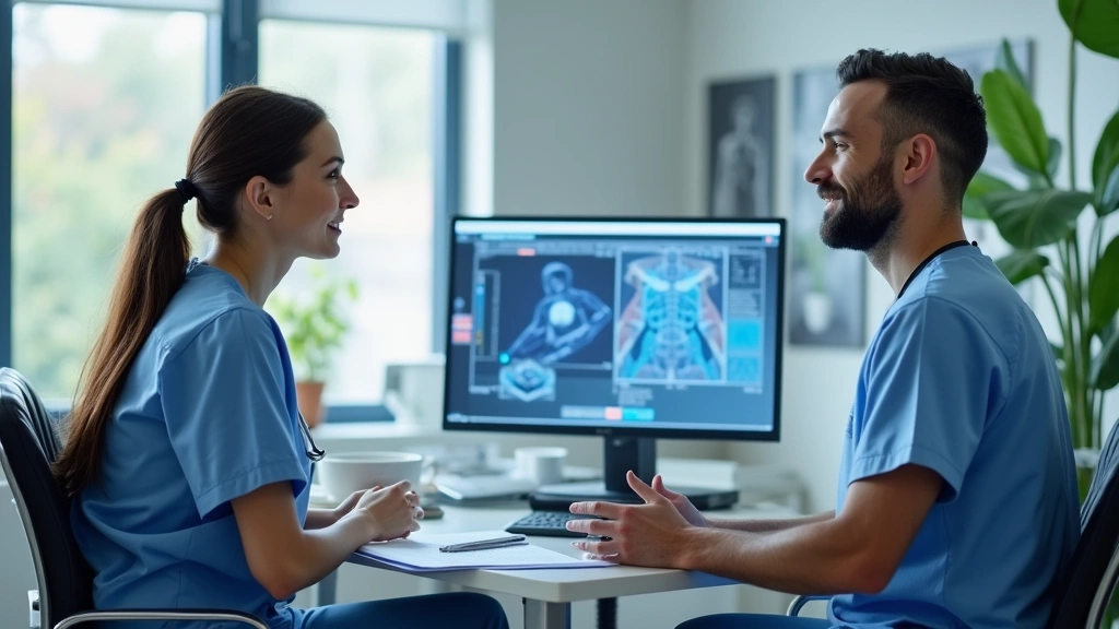 Professional medical team conducting patient consultation in modern clinic setting with healthcare technology visible