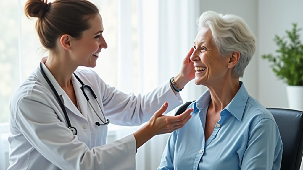 Middle-aged patient receiving preventive health screening with nurse in bright, welcoming medical office environment