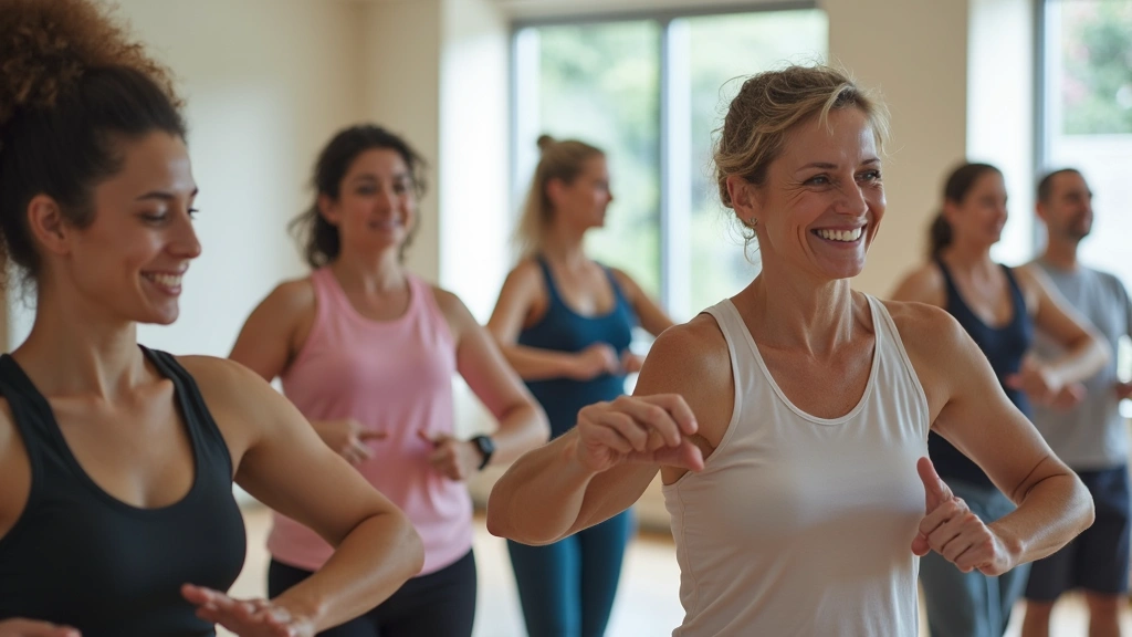 Diverse group of people participating in fitness and wellness class at healthcare facility wellness center